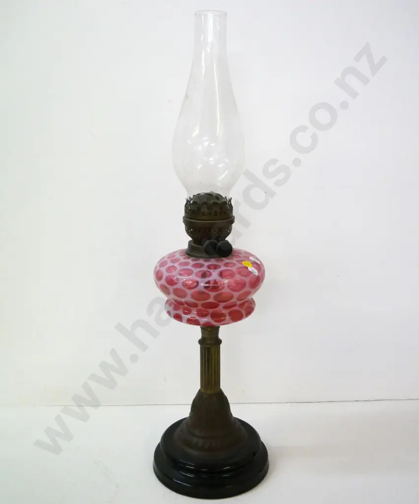 mottled glass, brass and porcelain based kerosene lamp w/chimney H-660 Image 1++