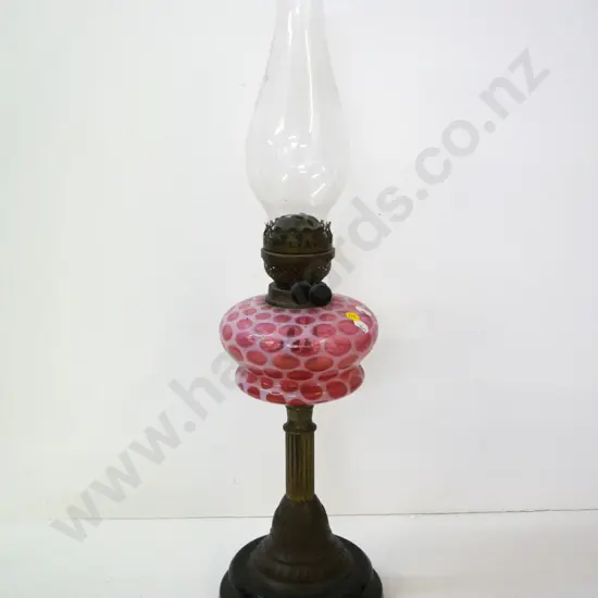 mottled glass, brass and porcelain based kerosene lamp w/chimney H-660