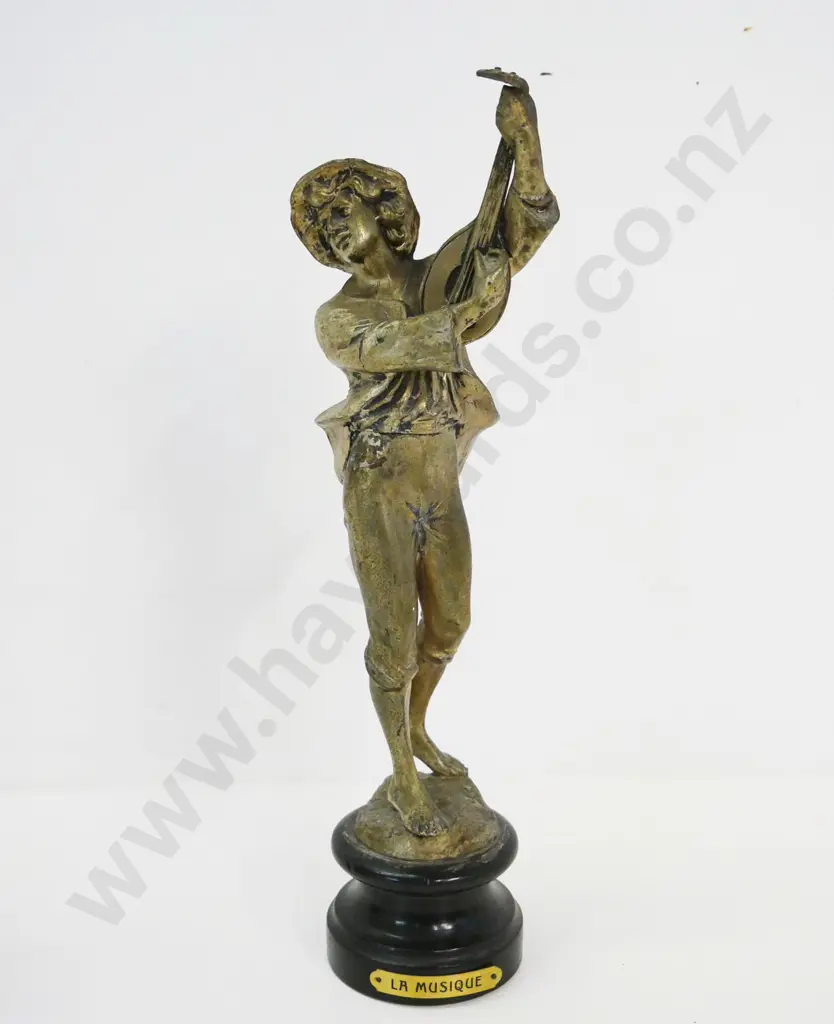 gilded metal finish figure on wooden base - with 'La Musique' metal label H-360 Image 1++