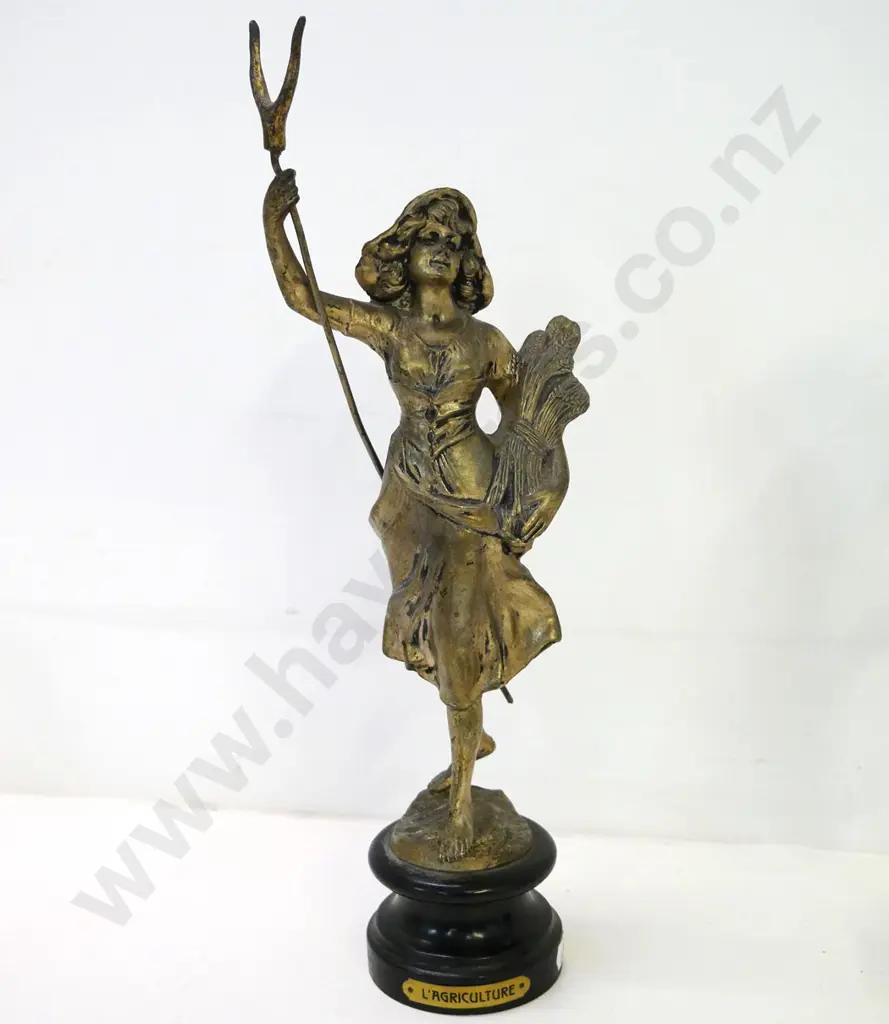 gilded metal finish figure on wooden base - with 'L' Agriculture' metal label H-390 Image 1++