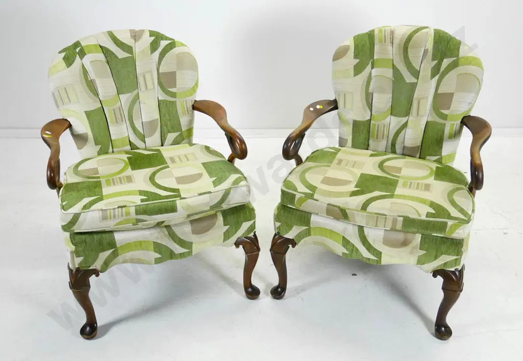 pair armchairs with unusual nouveau style carved arms, cab legs, fluted backs H-850 W-660 D-570 Image 1++