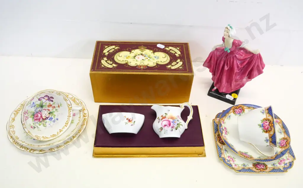 assorted English china - Royal Doulton 'Delight' figurine, boxed Derby Posies milk & sugar, 2 trios incl. Royal Albert Image 1++