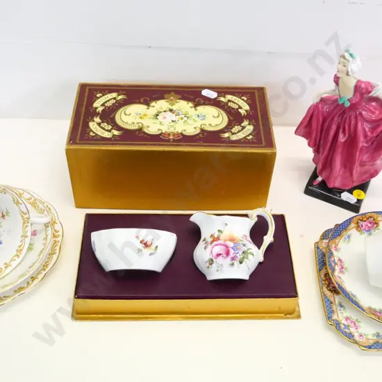assorted English china - Royal Doulton 'Delight' figurine, boxed Derby Posies milk & sugar, 2 trios incl. Royal Albert
