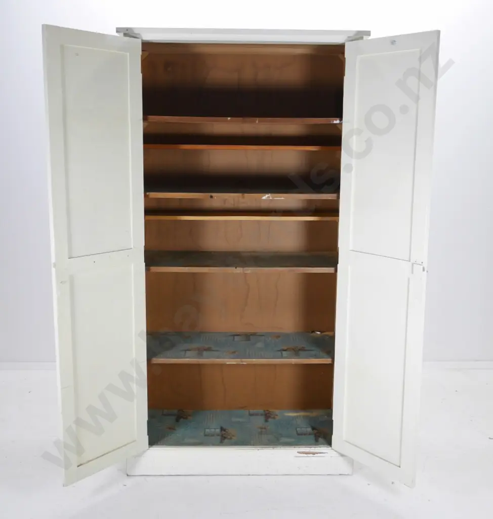 vintage tall white-painted kauri? school or office cupboard with fixed internal shelves, lockable w/key H2020 W1070 D450 Image 1++