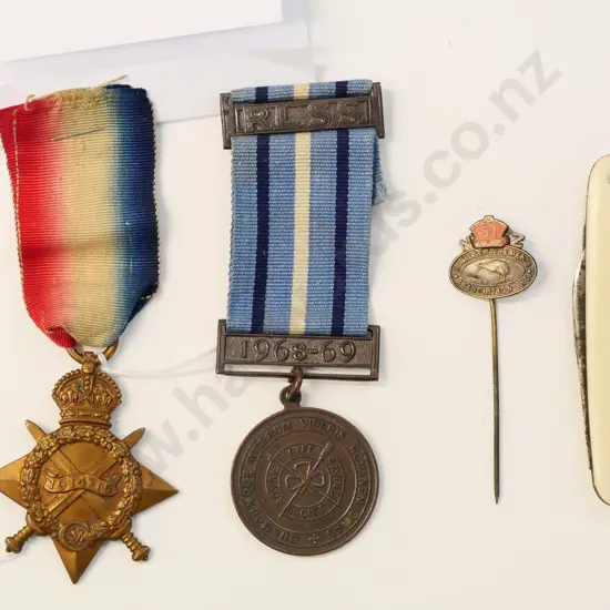 1914-1915 medal (Pte J Turnbull N.Z.E.F.),1968-69 Royal Life Saving medal (W.J.G.Potter) Home Service lapel pin, small