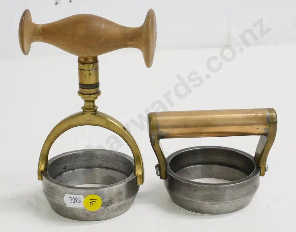 2 "host cutter" communion bread cutters - one with brass handle, one brass and wood, taller is H-170 Image 1++