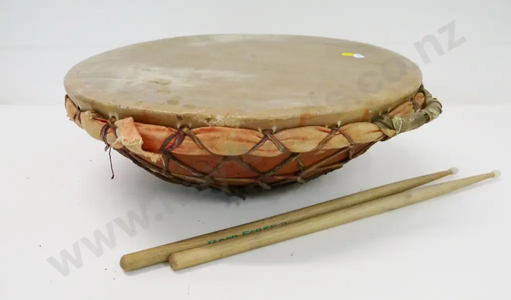 terracotta pottery drum & 2 sticks - fabric rim pulling away slightly H-130 Diameter 380, W-420 at handles Image 1++