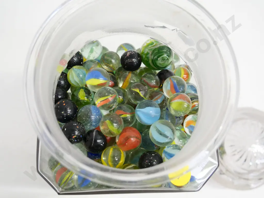 large glass lidded jar full of glass marbles - H-270 W-115 D-115 Image 1++