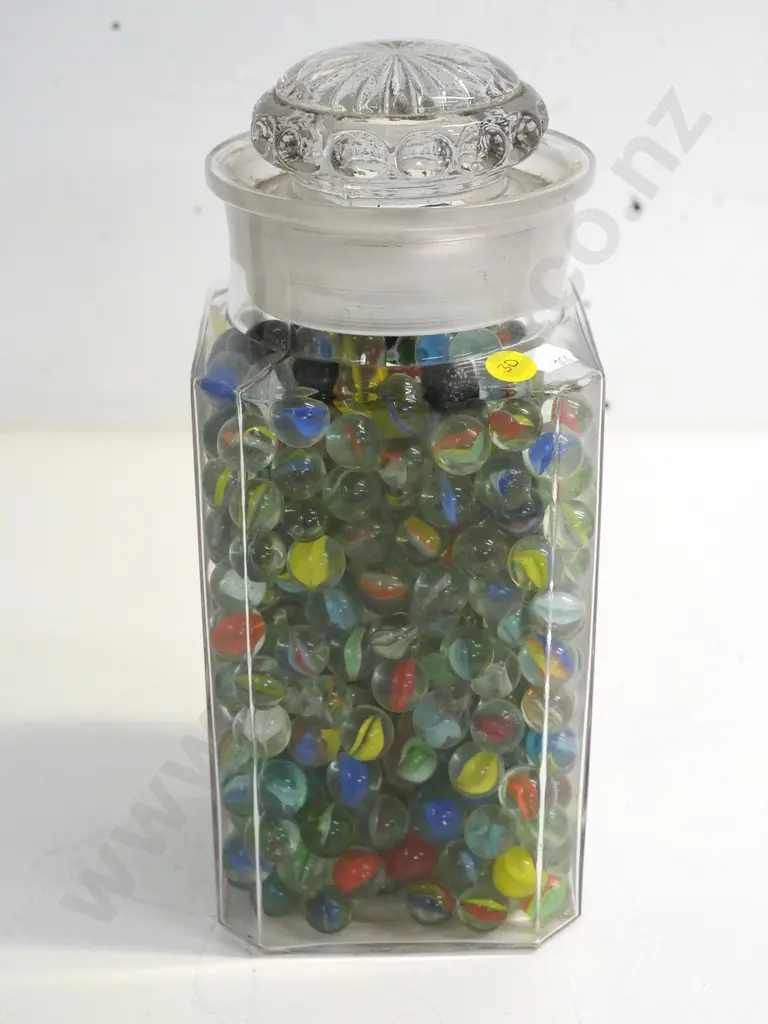 large glass lidded jar full of glass marbles - H-270 W-115 D-115 Image 1++