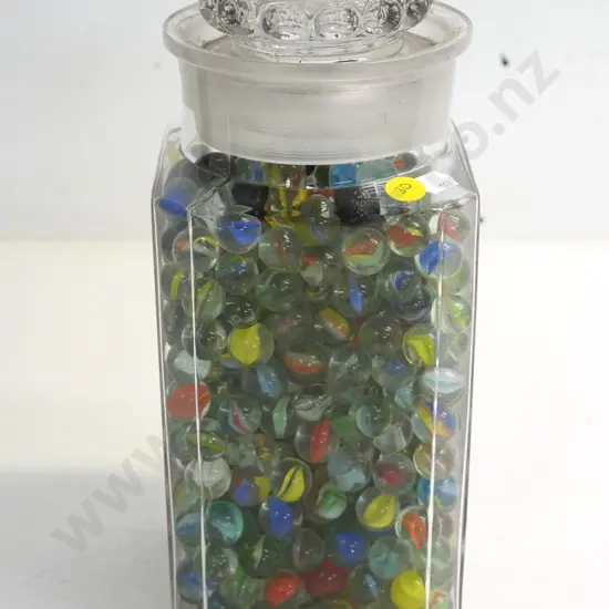 large glass lidded jar full of glass marbles - H-270 W-115 D-115