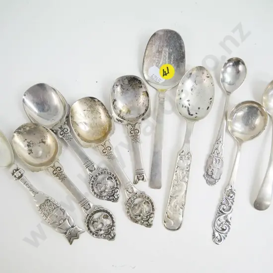 11 small Scandinavian  silver spoons, 2 marked sterling, the others marked 830S, one with broken handle