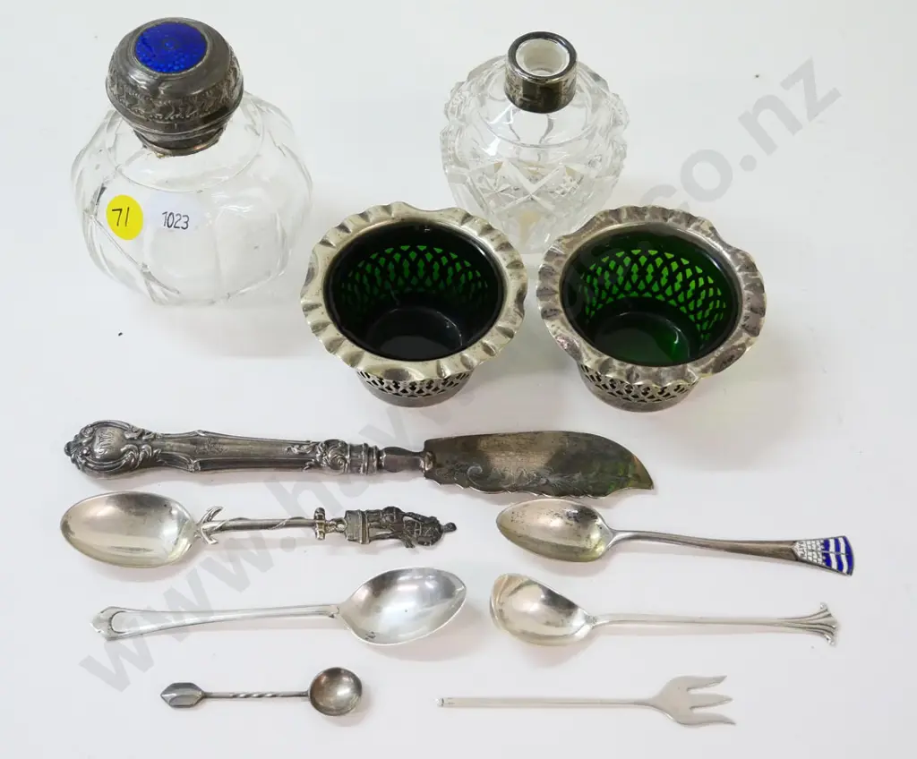 sterling silver butter knife, small spoons, etc & 2 sterling mounted bottles, one w/enamel is cracked Image 1++