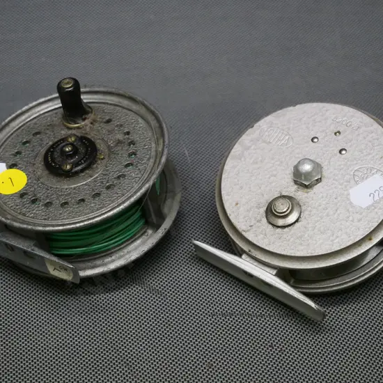 2 aluminium fly fishing reels - LW Young 'Beaudex' and a DAM 'Trutta' Diameter approx. 90mm