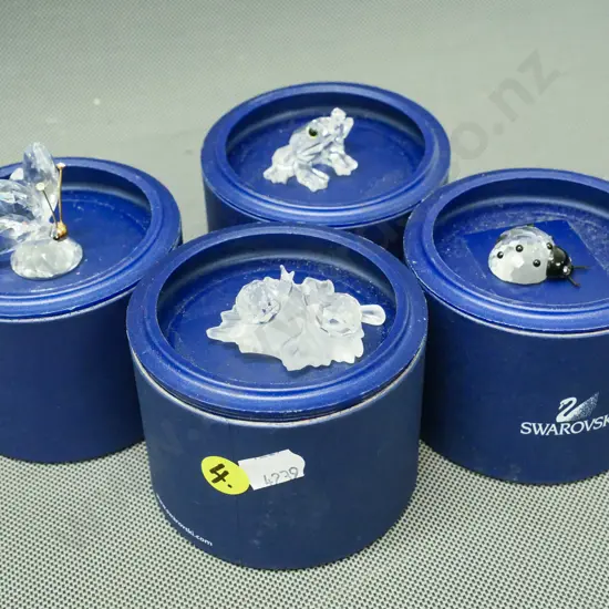4 Swarovski crystal miniatures with cases - ladybird, butterfly, frog and snails on leaf