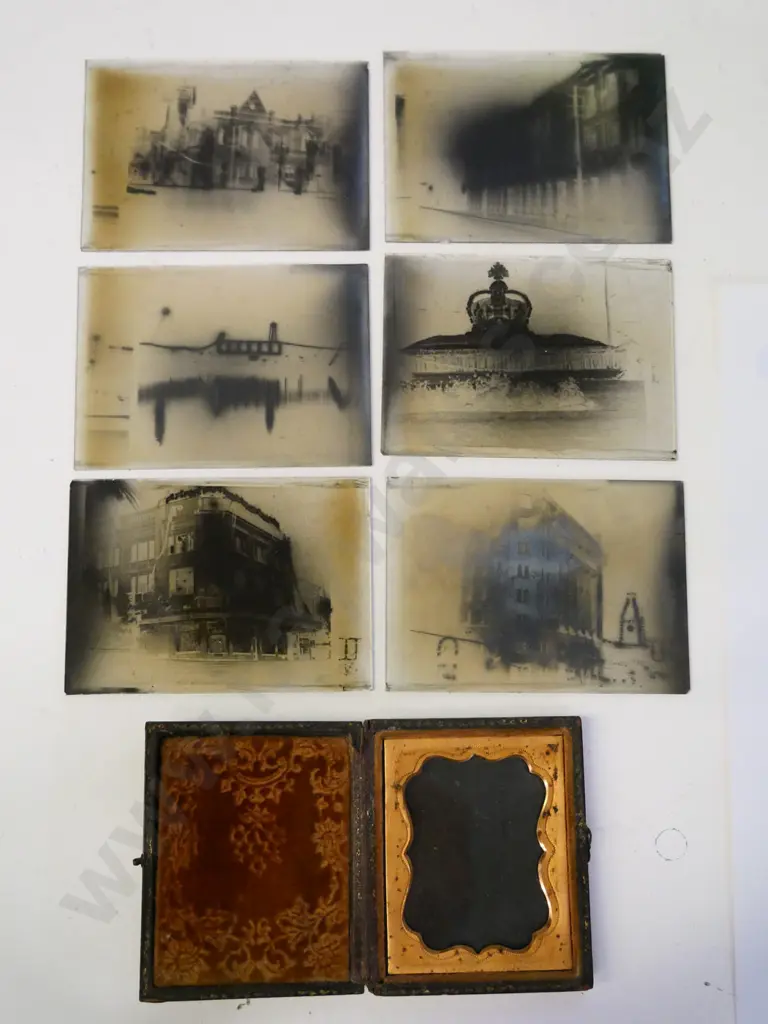 6 small glass plate negatives and an antique glazed case for daguerreotype or tintype H-75 W-60 Image 1++