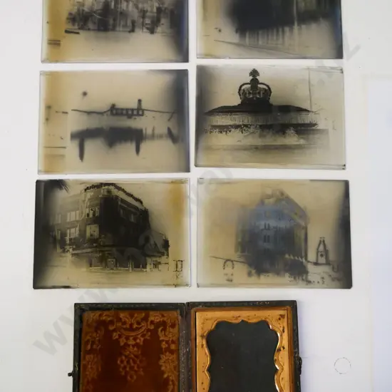 6 small glass plate negatives and an antique glazed case for daguerreotype or tintype H-75 W-60