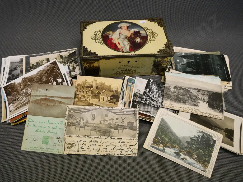 vintage tin containing postcards - New Zealand including Dunedin, Christchurch, Ruapehu, etc and international Image 1++