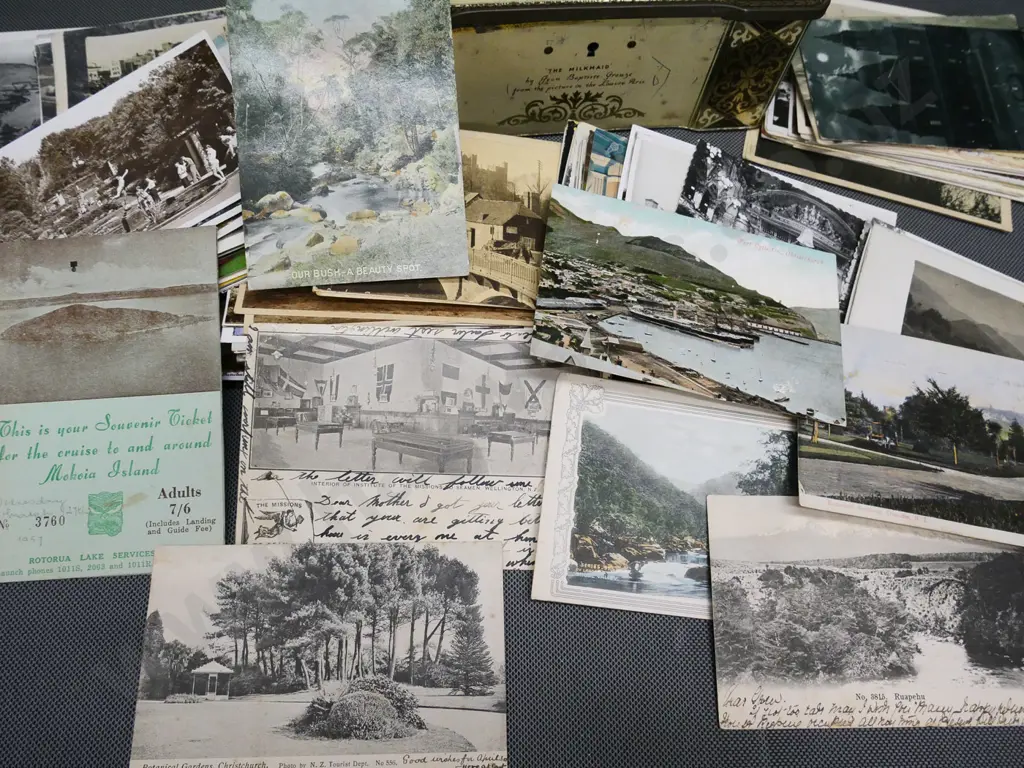 vintage tin containing postcards - New Zealand including Dunedin, Christchurch, Ruapehu, etc and international Image 1++