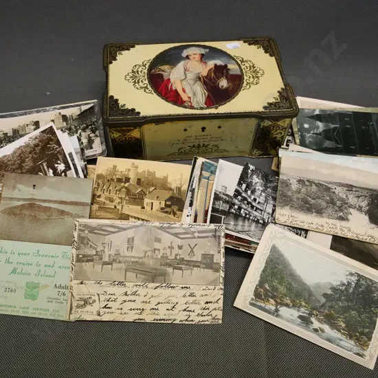 vintage tin containing postcards - New Zealand including Dunedin, Christchurch, Ruapehu, etc and international