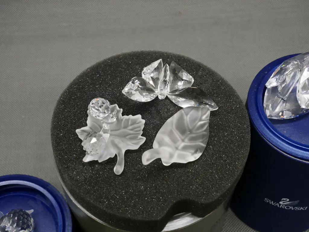 4 Swarovski crystal miniatures/sets with part cases - 2 swans, elephant, 2 snails, & butterfly separated from its leaf Image 1++