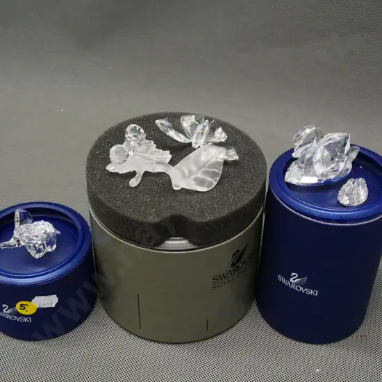 4 Swarovski crystal miniatures/sets with part cases - 2 swans, elephant, 2 snails, & butterfly separated from its leaf