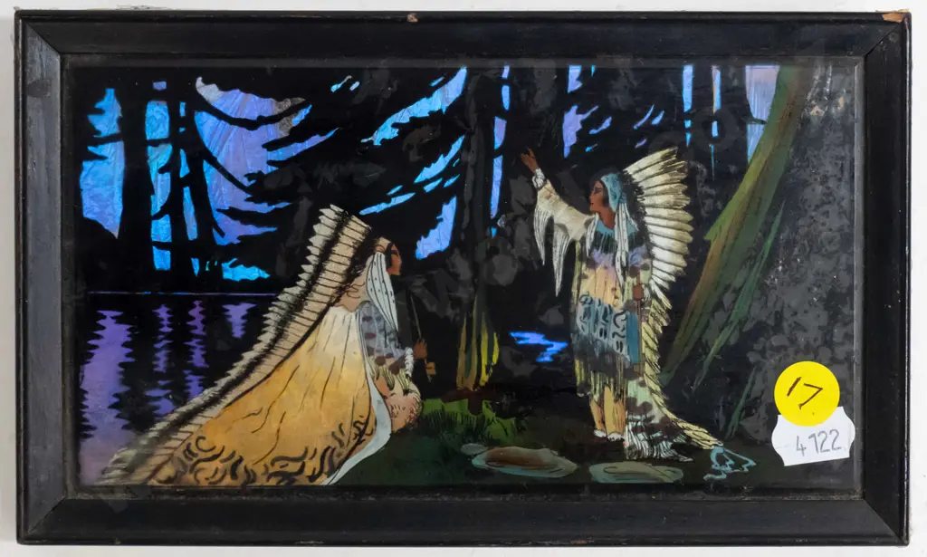 small butterfly wing & hand-painted silhouette picture - native American figures H-90 W-170 Image 1++