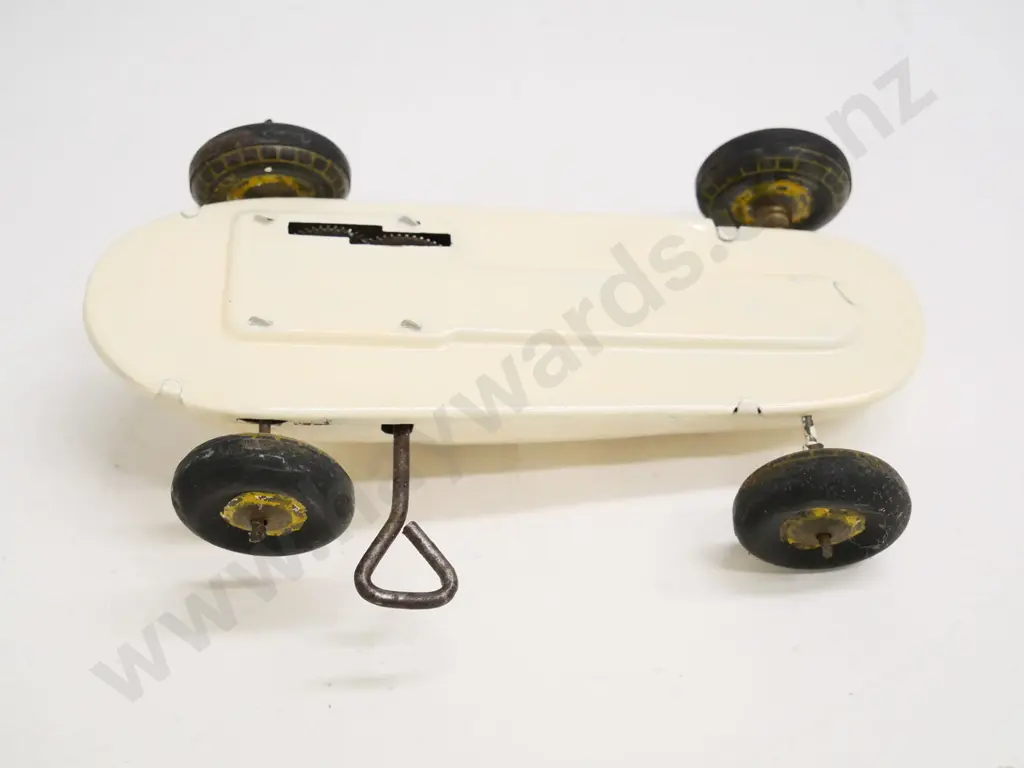 vintage wind-up tin race car - repainted white? Mechanism in restorer's condition, partially working H-60 L-180 Image 1++