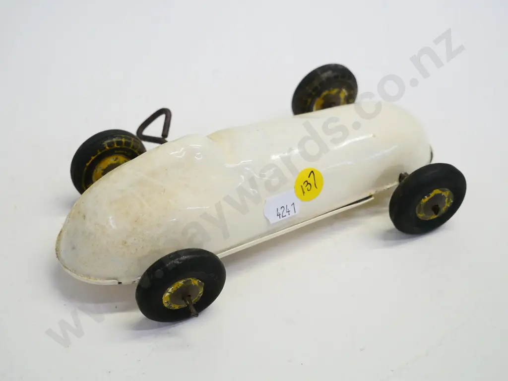 vintage wind-up tin race car - repainted white? Mechanism in restorer's condition, partially working H-60 L-180 Image 1++