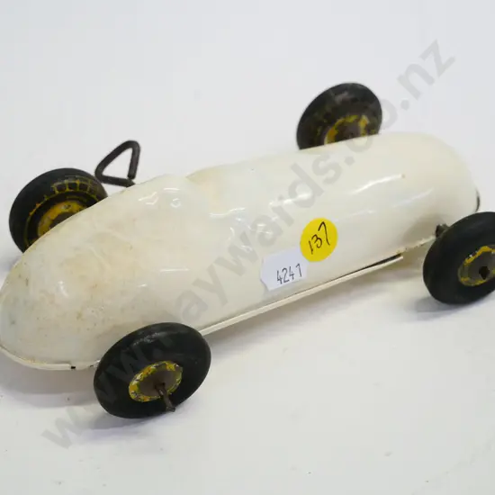 vintage wind-up tin race car - repainted white? Mechanism in restorer's condition, partially working H-60 L-180
