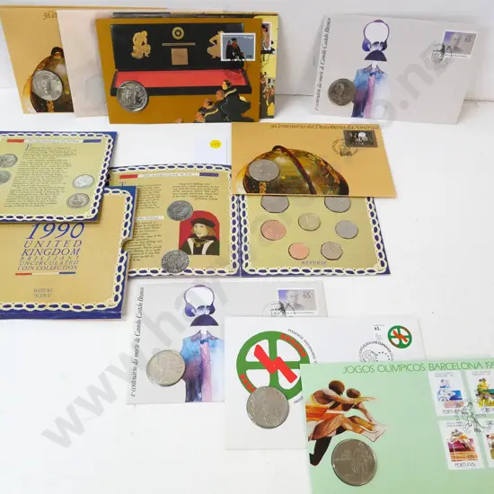 assorted Portugese and Spanish carded collector's coin issues and 1990 UK Royal Mint uncirculated coin set