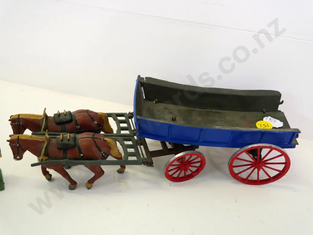 various Britains painted cast metal figures, horses & wagon, etc. including 3 in original card packaging Image 1++