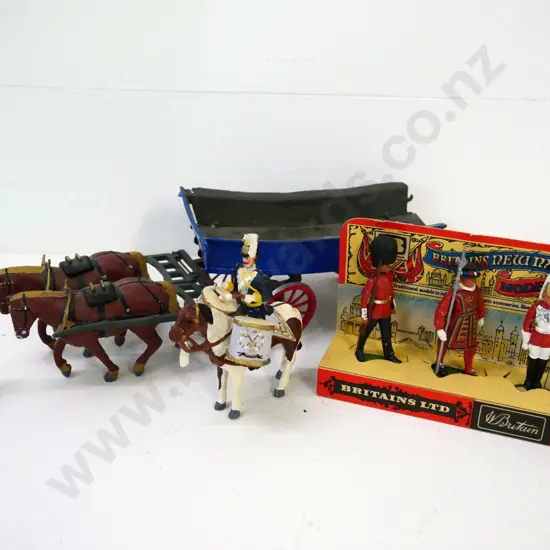 various Britains painted cast metal figures, horses & wagon, etc. including 3 in original card packaging