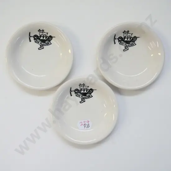 3 small Crown Lynn butter dishes with Fox Glacier emblem