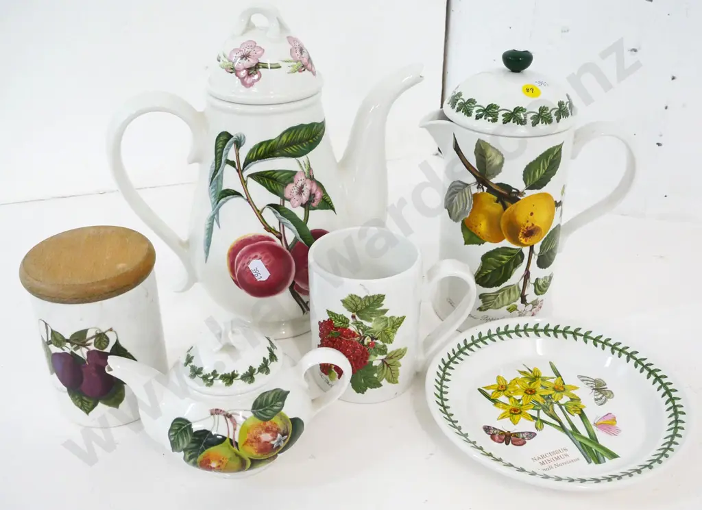 Portmeirion Pomona coffee pot, coffee plunger, teapot (chip to spout) storage jar & mug and a Botanic Gardens side plate Image 1++