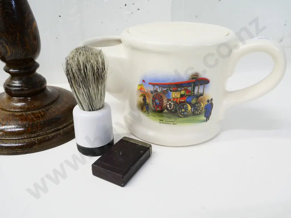 pair of turned wooden candle holders H-240 and a Wade shaving mug with brush, soap and blades Image 1++