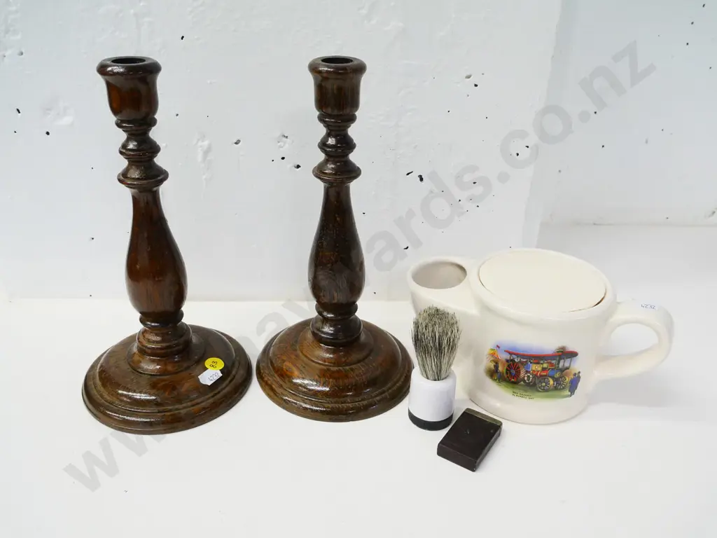pair of turned wooden candle holders H-240 and a Wade shaving mug with brush, soap and blades Image 1++