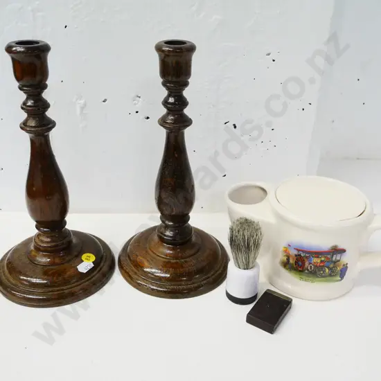 pair of turned wooden candle holders H-240 and a Wade shaving mug with brush, soap and blades