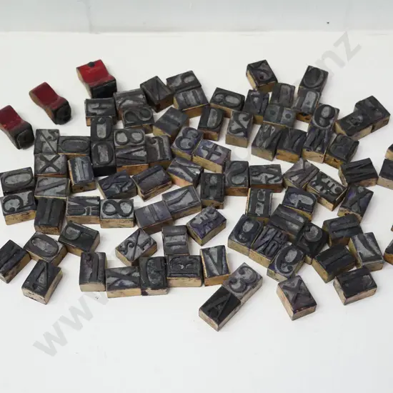 numerous small wood-backed rubber letter, number & symbol stamps - each approx. 20mm x 10mm
