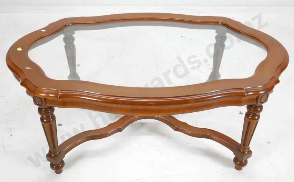 mahogany glass topped coffee table with fluted legs & X-stretcher base H410 L1060 W700 Image 1++