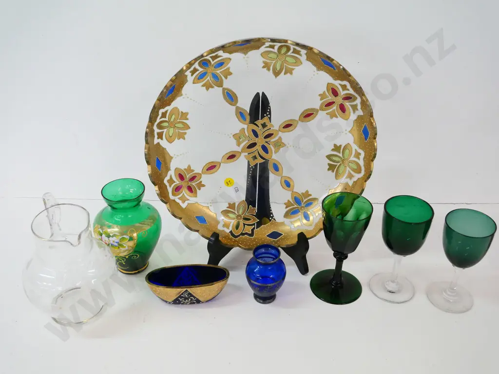 8 glass items - painted & clear large bowl with chip D-290, Mary Gregory jug, Venetian glass, 3 green stemmed glasses Image 1++
