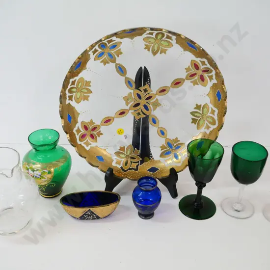 8 glass items - painted & clear large bowl with chip D-290, Mary Gregory jug, Venetian glass, 3 green stemmed glasses