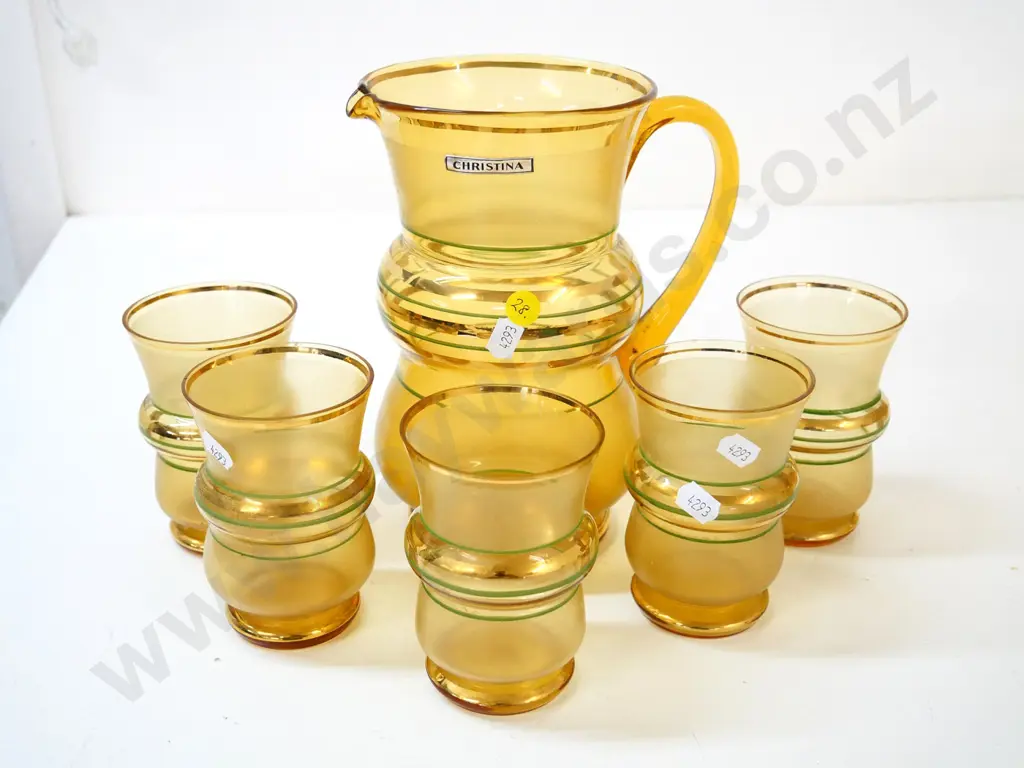 retro Christina glass water set with 5 glasses, gilt & green bands on amber glass, jug is H-210 Image 1++