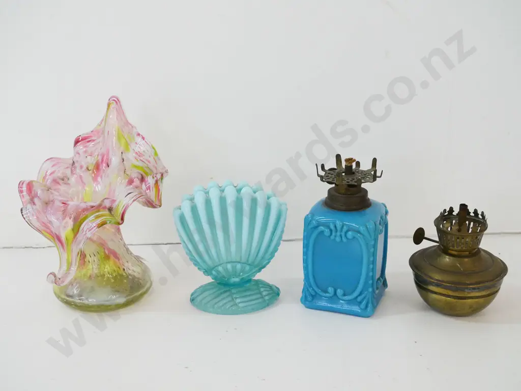 3 pieces vintage glassware including multi-colour vase, kerosene lamp base, shell vase, and brass kerosene lamp insert Image 1++