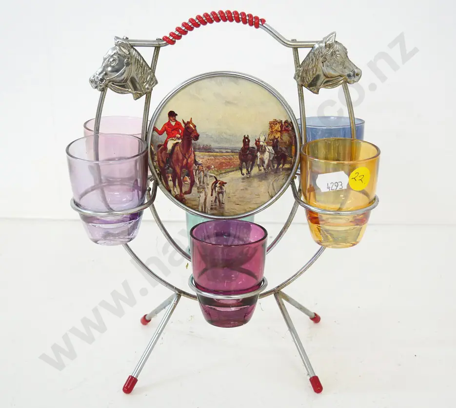 retro horse & hunting motif shot glass set with metal rack - multi colour glasses H-230 W-190 Image 1++