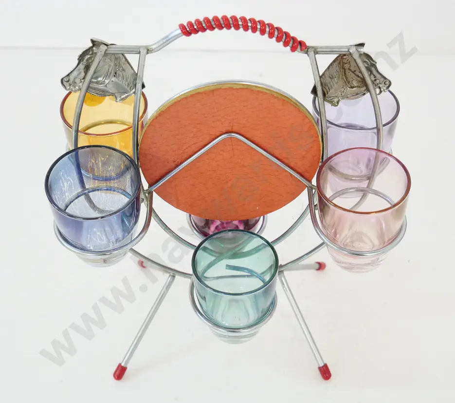 retro horse & hunting motif shot glass set with metal rack - multi colour glasses H-230 W-190 Image 1++