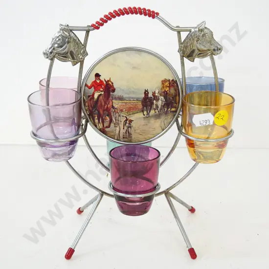 retro horse & hunting motif shot glass set with metal rack - multi colour glasses H-230 W-190
