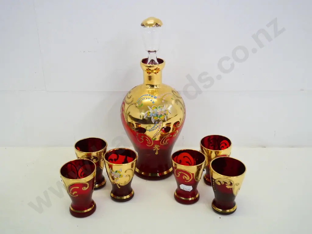 red Venetian glass liqueur decanter and 7 glasses H-240 Image 1++