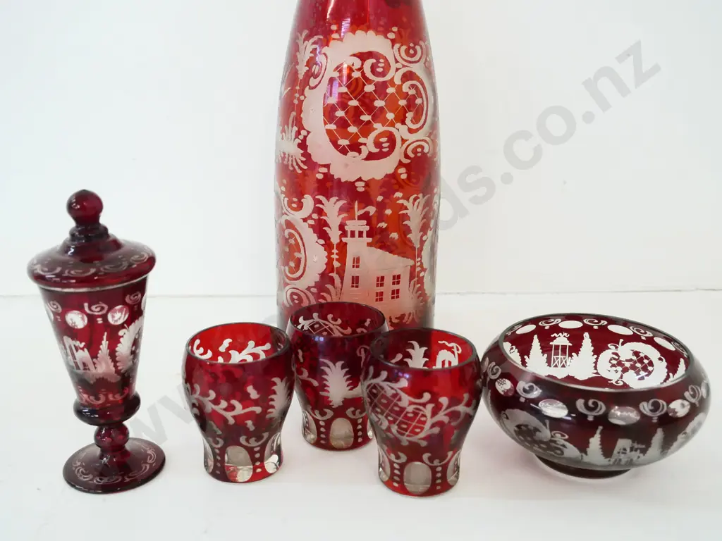 ruby cut to clear stoppered decanter H-390, 3 liqueur glasses, bowl and small lidded urn Image 1++