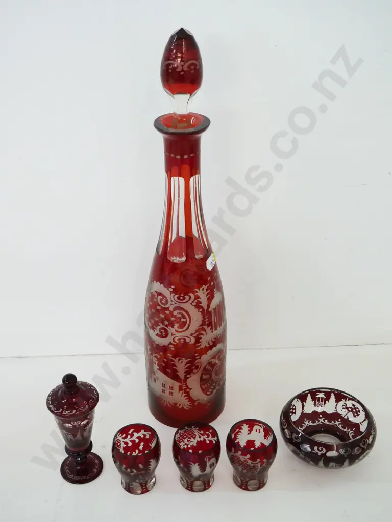 ruby cut to clear stoppered decanter H-390, 3 liqueur glasses, bowl and small lidded urn Image 1++