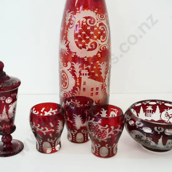 ruby cut to clear stoppered decanter H-390, 3 liqueur glasses, bowl and small lidded urn